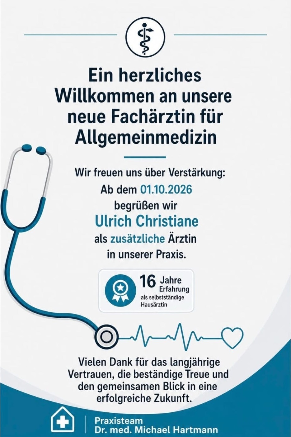 Willkommen an Ulrich Christiane, neue Fachärztin für Allgemeinmedizin, ab dem 01.10.2026 in unserer Praxis